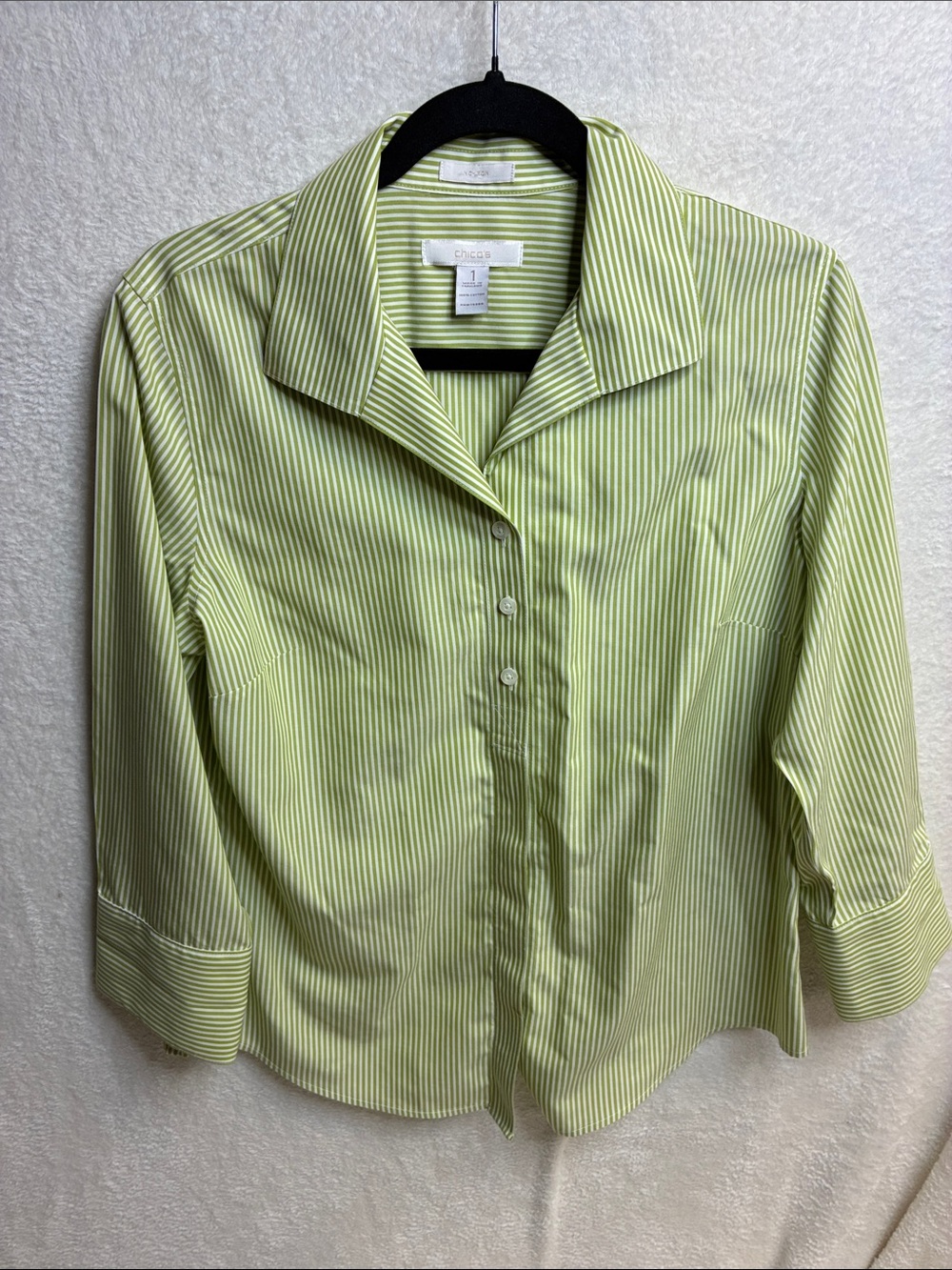 Chico's Light Green Striped Button-Down Shirt